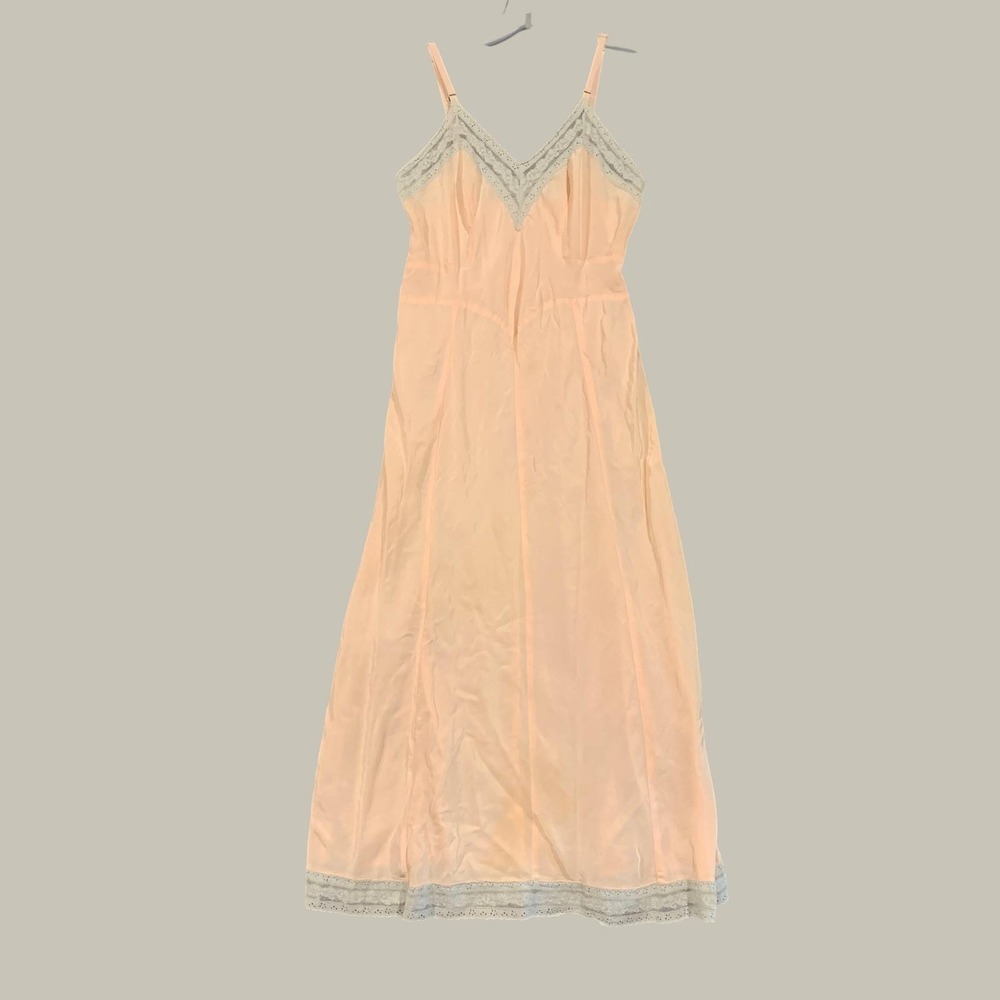 Vintage Midi Slip Dress Women Small Peach Lace Trim Lingerie Retro